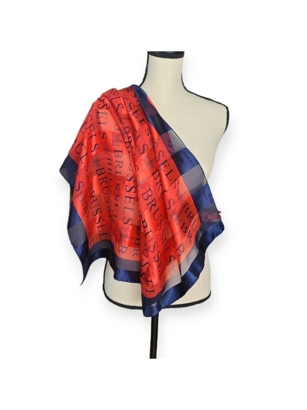 Vintage 90s Red Blue Brussels Travel Scarf 39x39